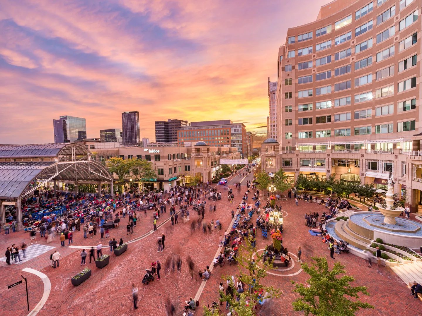 Reston Town Center plaza at sunset